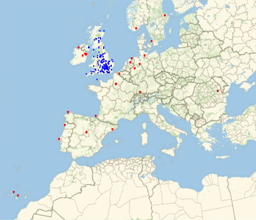 Map showing the distribution of BSHM members across Europe, showing concentration in the UK and Ireland with some members in Northern Europe and Spain.