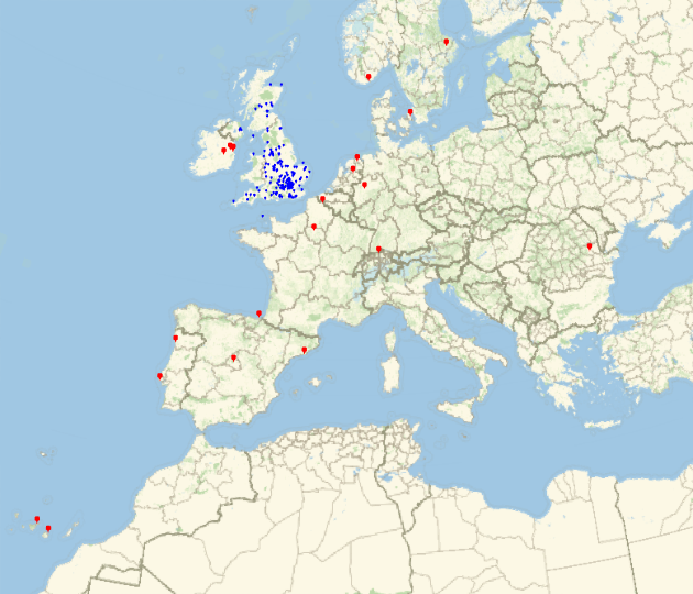Map of European BSHM members, showing pins in the Iberian peninsula and Northern Europe.