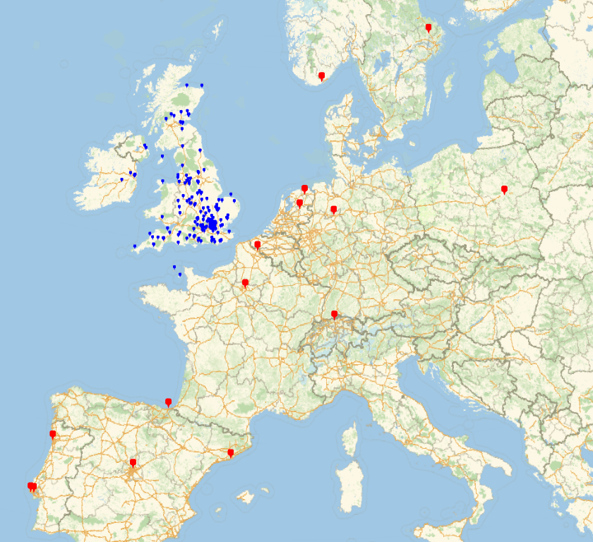 Map showing the distribution of BSHM members across Europe, showing concentration in the UK and Ireland with some members in Northern Europe and Spain.