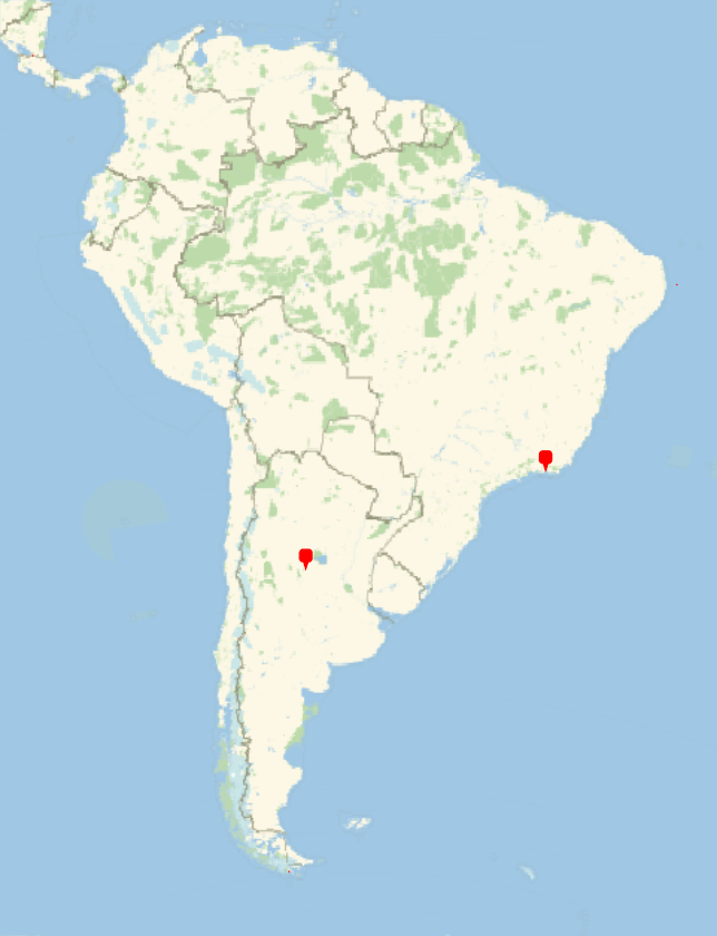 Map showing the distribution of BSHM members across South America showing pins in Brazil and Argentina.