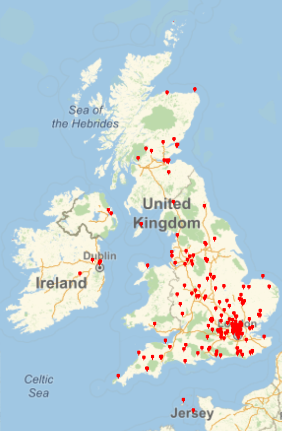 Map showing the distribution of BSHM members across the UK, showing concentration around London and scattered distribution elsewhere.