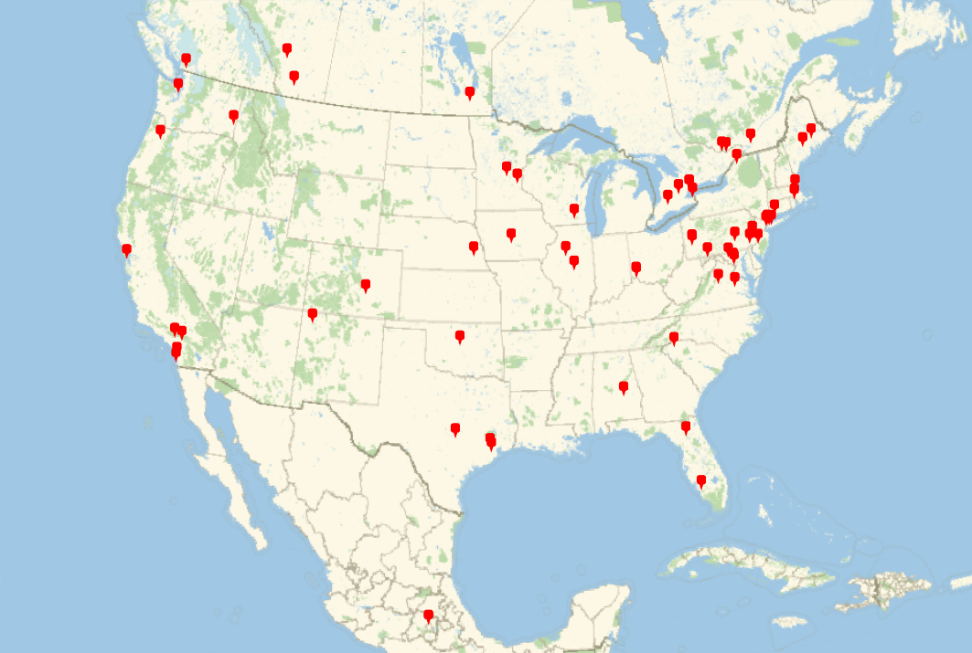 Map showing the distribution of BSHM members across North America, with the densest cluster in the north east and south west.