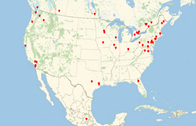 Map of BSHM members in North America, with a concentration in the North East and West Coast.