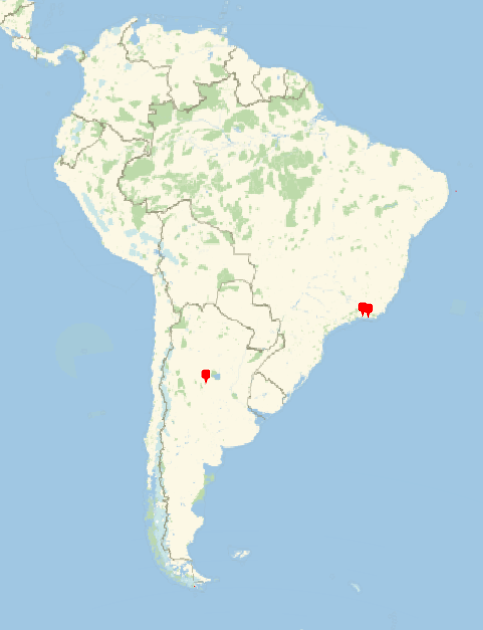 Map showing the distribution of BSHM members across South America showing two pins in Brazil and one in Argentina.