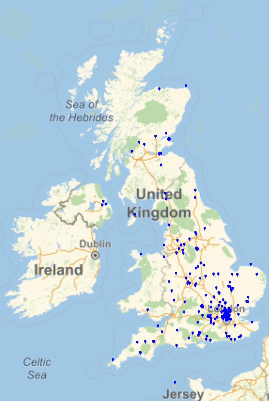 Map showing the distribution of BSHM members across the UK, showing concentration around London and scattered distribution elsewhere.