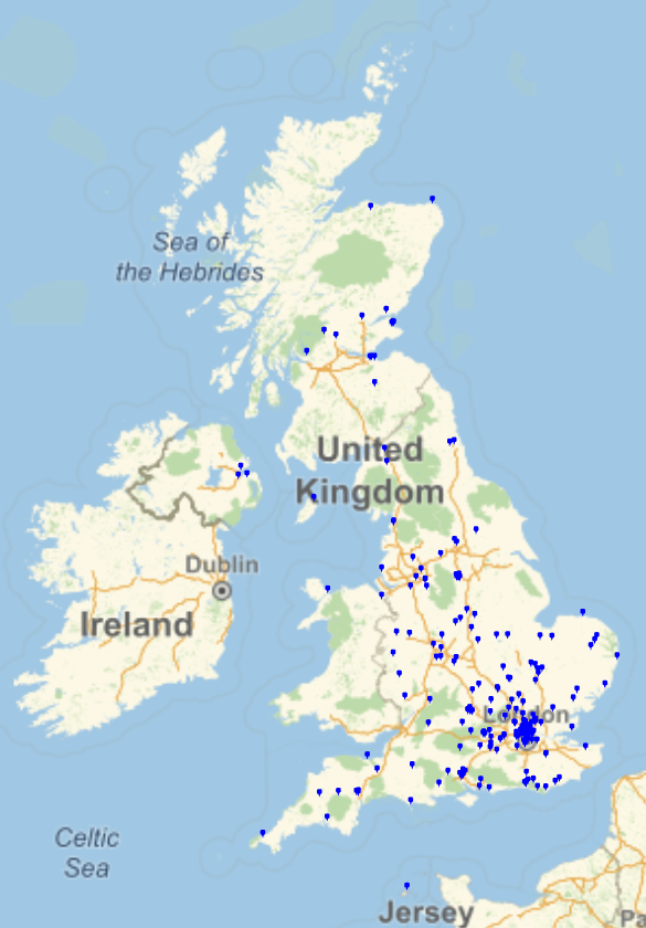 Map of UK BSHM members, showing pins all over the country but especially around London.