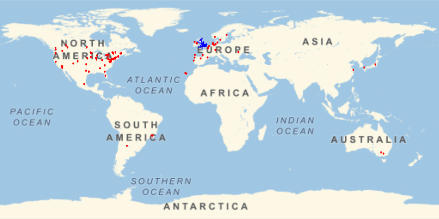 Map showing the distribution of BSHM members across the World, with the majority in Europe, especially the UK, and the USA.